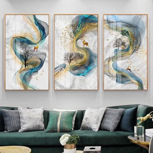 Abstract Golden Deer Painting Tableaux Big Size Poster Blue Print Gold Wall Art Picture F Living Room Modern Cuadros Canvas Art