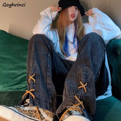 Punk Style Wide-leg Washed Jeans Women Multi-pockets Split Bandage High Waist Zipper Denim Trousers Baggy Ins Boyfriend Hip-pop