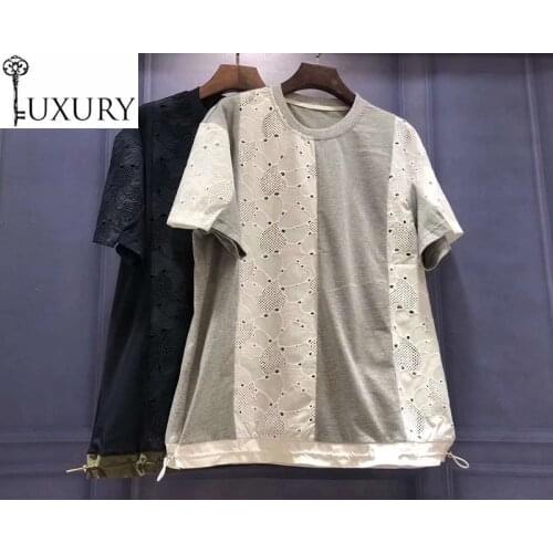 Summer 2020 Fashion Spring Tops & Tees Women Exquisite Embroidery Drawstring Waist Short Sleeve Grey Dark Blue Cotton T-Shirt