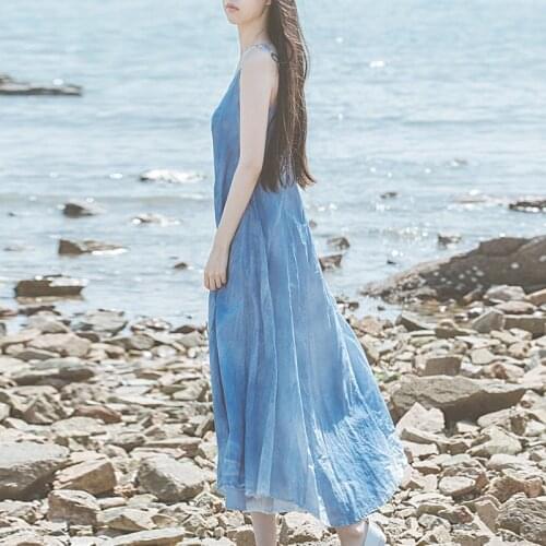 Johnature Women Chinese Style Dresses Cotton O-Neck Sleeveless Vintage Clothing Summer 2021 New Solid Color Loose Soft Dress