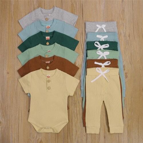 6 Color Summer Baby Girl Boy Two Piece Clothes Sets Newborn Toddler Solid Color Ribbed Short Sleeve Button Romper Elastic Pants