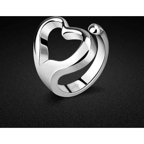 Fashion brand sterling silver ring. Simple solid 925 silver hollow heart shaped ring for women. Adjustable size ring jewelry