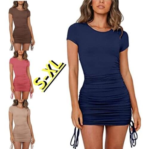 Kuelawear Solid Color Dress Threaded Short Sleeve Drawstring Hip Dress Womens Round Neck Pullover Dress Ladies Casual Cotton Top