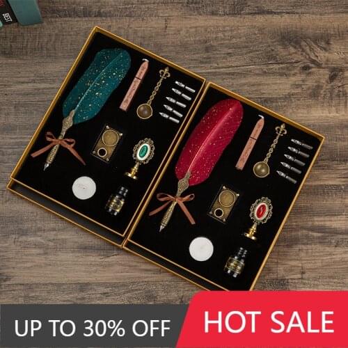 Sprinkle Gold Feather Pen Set Fire Paint Candle Stamp Fountain Pen Set High-end Feather Pen Dip Pen Set Candy Color Feather Pen