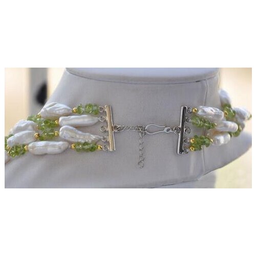 4strands 23mm white biwa freshwater pearl green crystal necklace 19inch