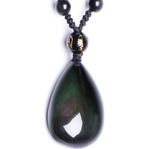 Natural Obsidian Rainbow Water Drops Pendant With Bead Chain Natural Stone Rrendy Lucky Pendant Necklace Women Man Gift Jewelry