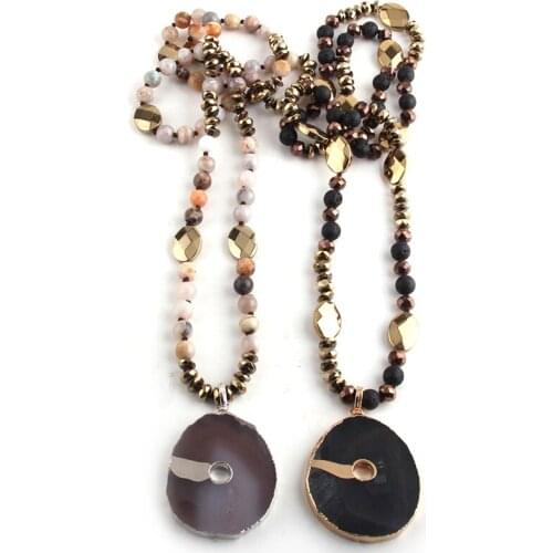 RH Fashion Bohemian Tribal Jewelry Semi Precious Stone Hematite Long Knotted Aegat Stone Pendant Necklaces