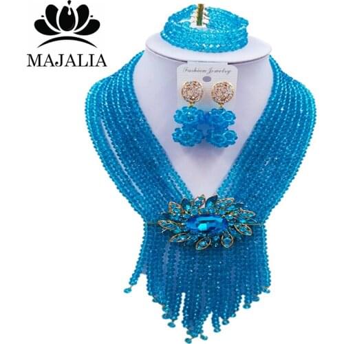 Majalia Luxury African Beads Jewelry Set Lake blue Crystal Beads Bride Jewelry Nigerian Wedding African Beads Jewelry Set 8CS002