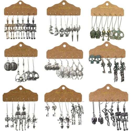 3 Pairs/set Halloween Earring Set for Women Skull Spider Drop Earrings Vintage Feather Metal Jewelry Punk Style Accessories Gift