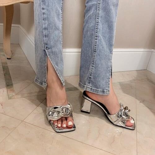 Summer Women Slippers Open Toe Metal Chain Square Toe High Heels Black/Gold/Silver Casual Slides Slippers Pumps Mules Shoes