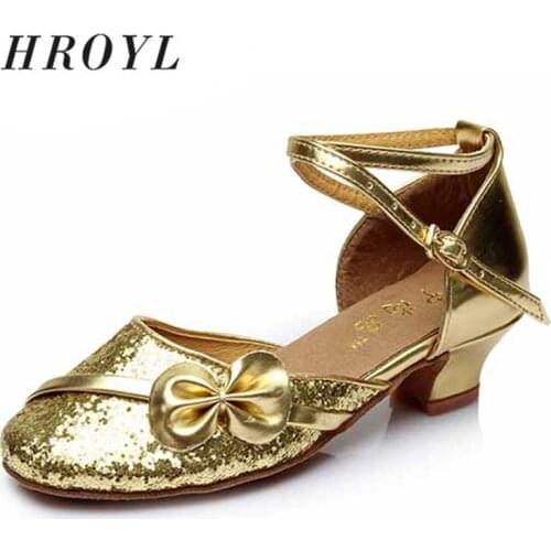 Free Shipping women Latin Dance Shoes Children Ladies Girls Comfortable Soft Sole Gold+Flower Knots Size EU24-41 18-25CM beauty