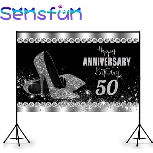 Xq0383 Glitter Diamond Custom 50th Birthday Backdrop for Photography Black and Silver Heels Anniversary Background Photo Studio