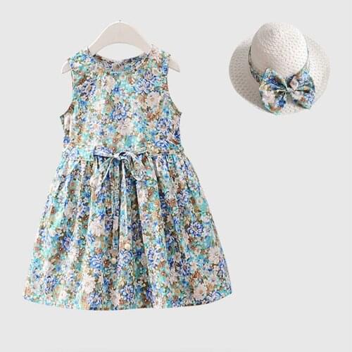 2 3 4 5 6 7 Years Girls Summer Dress with Hats 2pcs/Set Gil Clothing Child Dress Floral Cotton Soft Summer Dresses for Girls