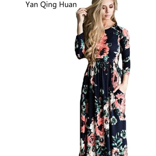 Yan Qinghuan Summer New Sweet Lady Long-sleeved Floral Dress Round Neck Ladies Waist Straight Dress Large Size Slim Bohemia