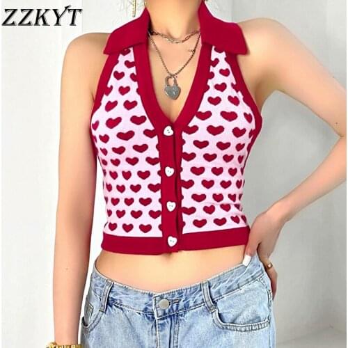 ZZKYT 2021 Women Summer Vintage Sweet Love Print Cropped Knit Tank Tops Fashion Button Backless Female Camis Casual Chic Tops