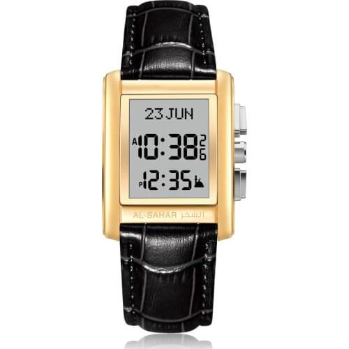 Classic Islamic Athan Reminder with Auto-Qibla Back Light Azan Watch Business Man Wristwatch Leather Strap for Muslim Prayer