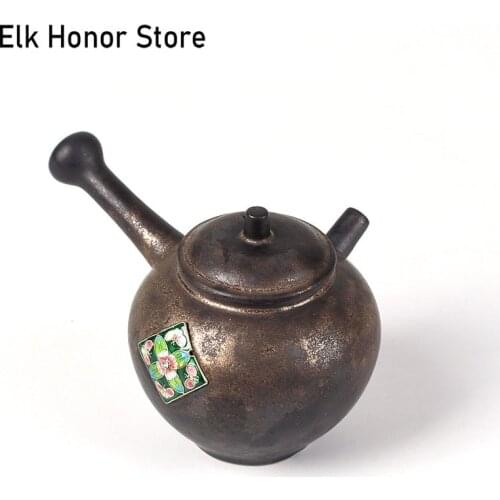 200ml Ancient Handmade Kiln Fambe Pottery Teapot Sprinkle Gold Glaze Applique Side Handled Teapot Dahongpao Teaware Gift Packed