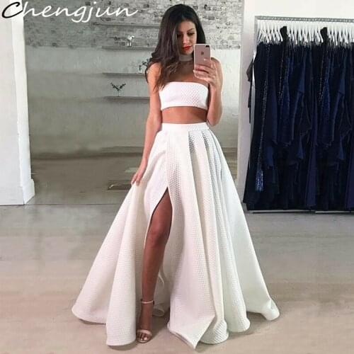 Chengjun Unique Sexy High Slit Strapless Two Pieces Long A-Line Elegant Prom Dress