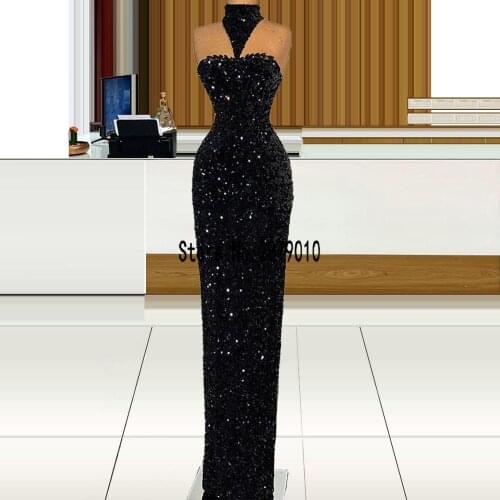 Black High Neck Straight Evening Dresses Elegant Floor Length Glitter Sequin Evening Gowns 2021 Formal Party Dress