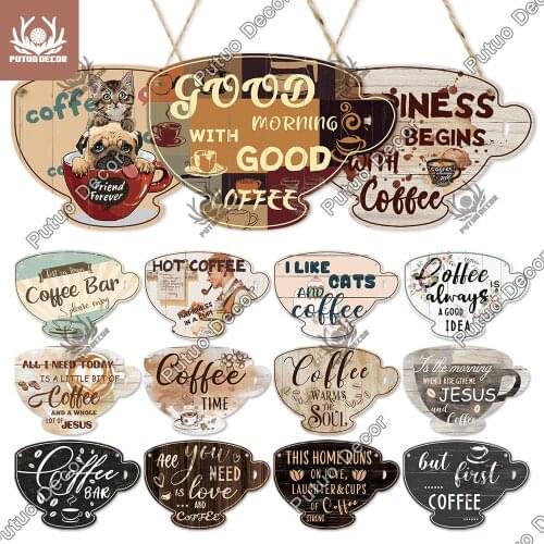 Putuo Decor Coffee Sign Cup Shaped Plaque Rustic Wooden Hanging Sign for Cafe Kitchen Decoration Plate Coffee Mug Wall Decor