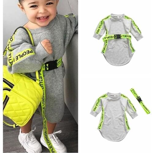 Baby Kids Dress Long Sleeve Kids Girls Dress Sweater Jumpsuit Girls Letters Fluorescent Strips Grey Infant Dress