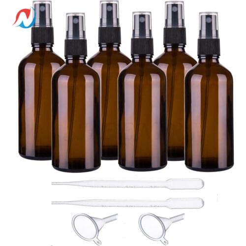 Sheenirs 6pcs 100ml Amber Glass Spray Bottle 3.4oz Empty Fine Mist Spray Bottle black sprayer for Essential Oils hand sanitizer