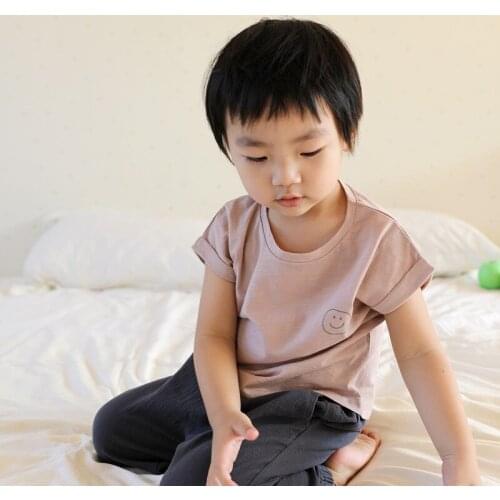 2021 Children Short Sleeve Summer New Cute Smile Printed Slubby Cotton Loose Raglan Sleeve Boys and Girls Simple T-shirt