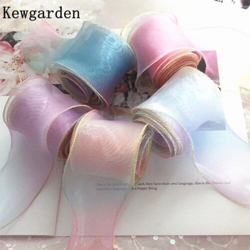 Kewgarden Rainbow Gold Wave Edge Organza Ribbon 2" 5.5cm Handmade Tape DIY Hairbow Accessories Gift Packing Wholesale 38 Yards