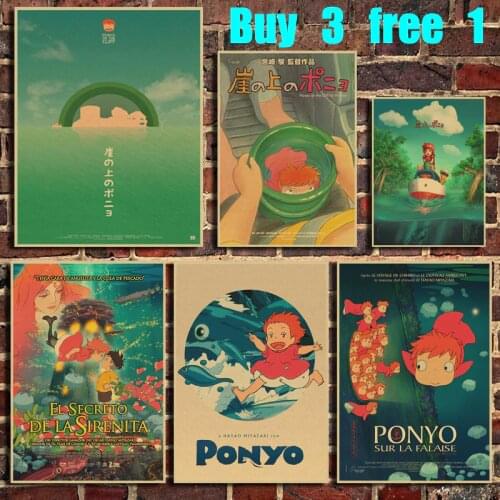 Miyazaki Classic Cartoon Film Ponyo on the Cliff Retro Kraft Paper Poster Bar Office Cafe Art Wall Sticker Decoration
