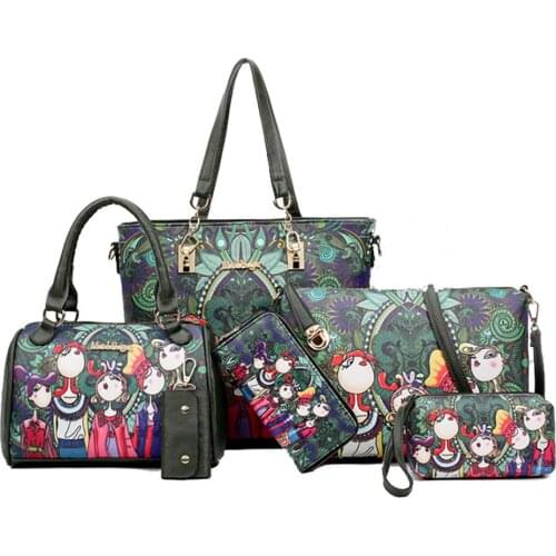 6pcs Women Handbags Bag Set Leather Cartoon Printed Crossbody Shoulder Bags Ladies Tote Messenger Bag Clutch Purse Bolso Mujer