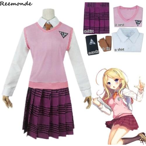 Anime Danganronpa V3 Cosplay Akamatsu Kaede Costume Kaede Akamatsu School Uniform Shirt Skirt Sweater Vest Wigs Girl Outfit