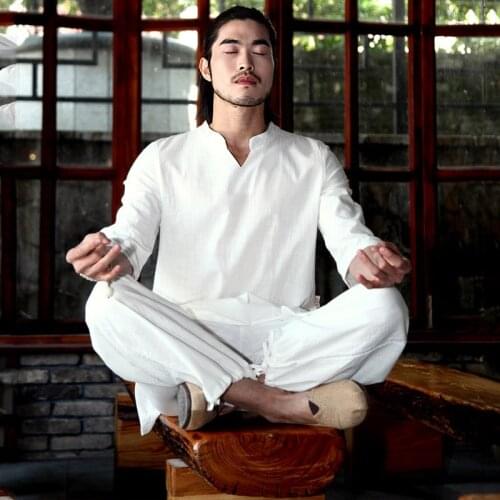 Spring Autumn Men Yoga Set Cotton Linen Loose Wide Leg Male Martial Arts Suit Tai Chi Uniform Meditation Suit Casual Set