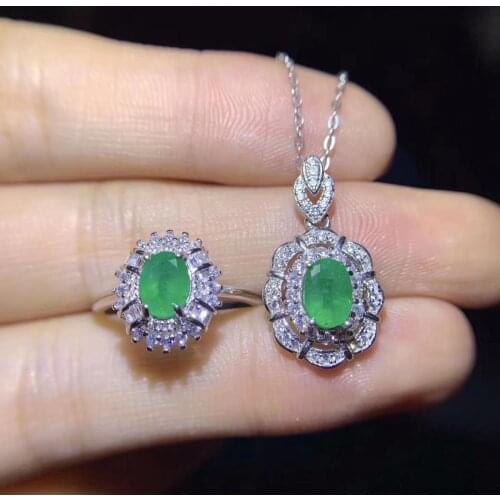 New green natural Emerald gemstone ring and necklace jewelry set with 925 silver natural gem good cut birthday party gift hot