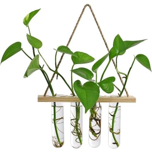 Wall Hanging Glass Terrarium Air Planter Holder Plant Hanger Flower Vase with Wooden Frame for Hydroponic Propagation Home Decor