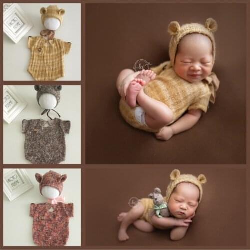 Newborn Baby Photography Prop Bear Outfits Costume Set Bonnet Pants Jumpsuit Fotografia Studio Shoots Photo Props Knitted Cloth
