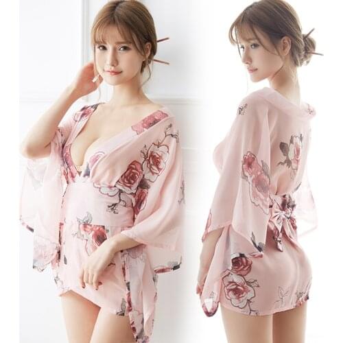 Pink sexy perspective kimonos clothing dress Japan style cosplay Japanese traditional kimono woman bathrobe geisha clothing