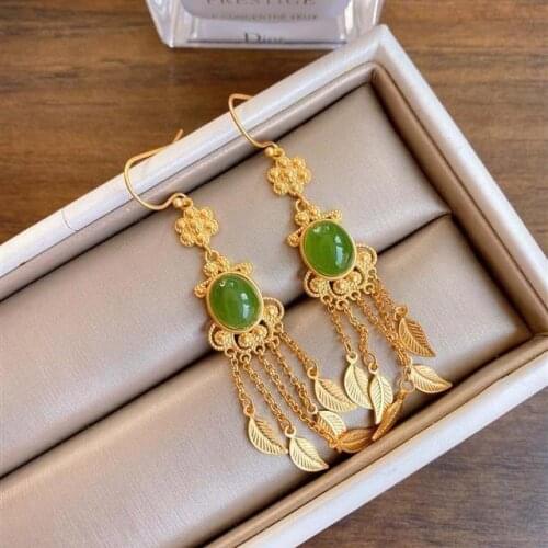 S925 Sterling Silver Long Fringe Earrings Natural Hetian Jade Green Jade Feather Earrings Temperamental Fairy Vintage Earrings