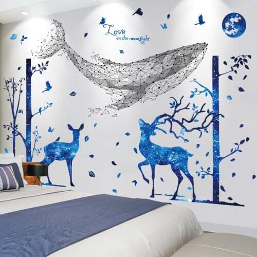 [shijuekongjian] Whale Wall Stickers DIY Tree Deer Animal Wall Decals for Kids Bedoom Living Room Nursery House Decoration