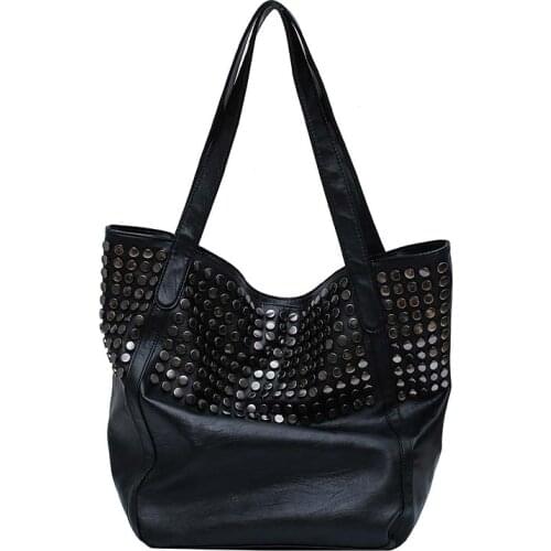 Fashion Rivet Large Capacity Women Shoulder Bag Soft Casual Black Female Shopping Bag Lady Hobo Handbag Tote Travel Bag Purses