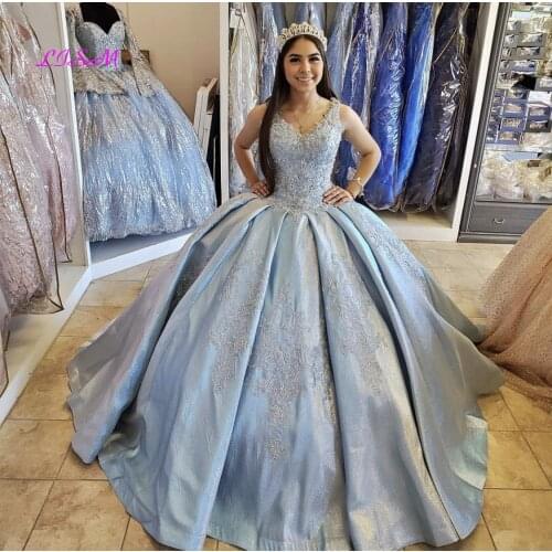 Light Blue Quinceanera Dress 2021 V-Neck Sequins Beads Lace Backless Party Princess Sweet 16 Ball Gown Vestidos De 15 Años