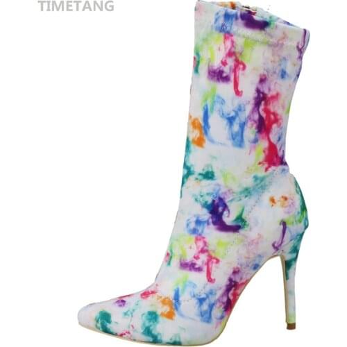 TIMETANG New Arrived Personaity Graffiti Thin High Heeled Boots Sexy Pointed Toe Mid-Calf Stretch Fabric Shoes Plus Size 3-12