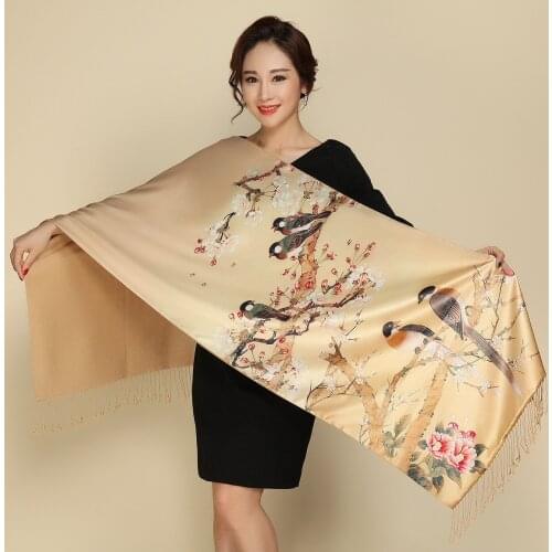 Visual Axles Double Layer Cashmere Scarf Women Digital Print Designer Bird Silk Shawl Foulard for Ladies Long Wrap With Tassels