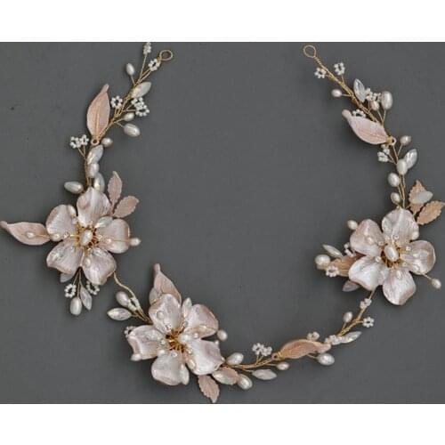 SLBRIDAL Handmade Rhinestones Opal Crystal Freshwater Pearls Alloy Flower Wedding Headband Bridal Bridesmaids Women Hair Jewelry