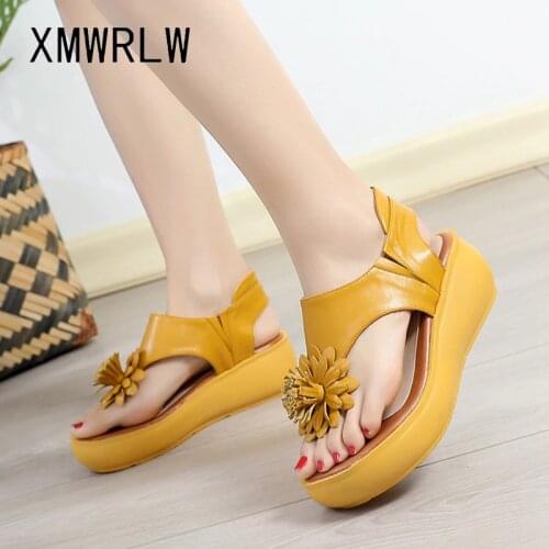XMWRLW Women Flat Platform Sandals 2020 Summer Genuine Leather Handmade Shoes Women Summer Sandals Slip on Ladies Shoes Sandal