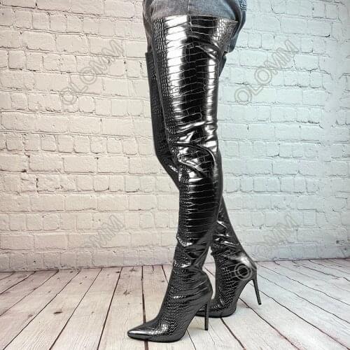 Olomm Women Crotch Boots Back Zipper Sexy Croc Stiletto Heels Pointed Toe Gold Black Silver Party Shoes Women Plus Size 35-47