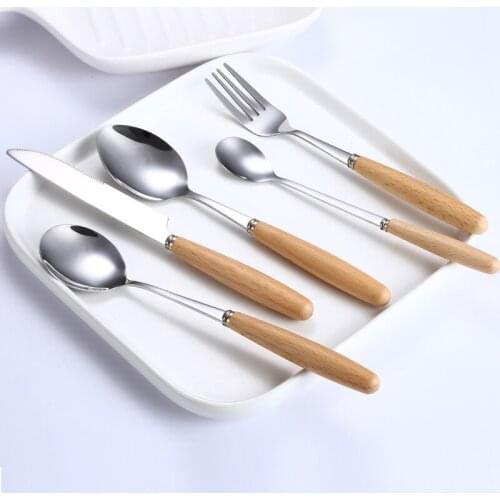 1/6 Sets Cutlery Set Tableware Dinnerware Set Stainless Steel Wooden Handle 5 Pcs Dinning Table Silverware Sets Spoon and Fork