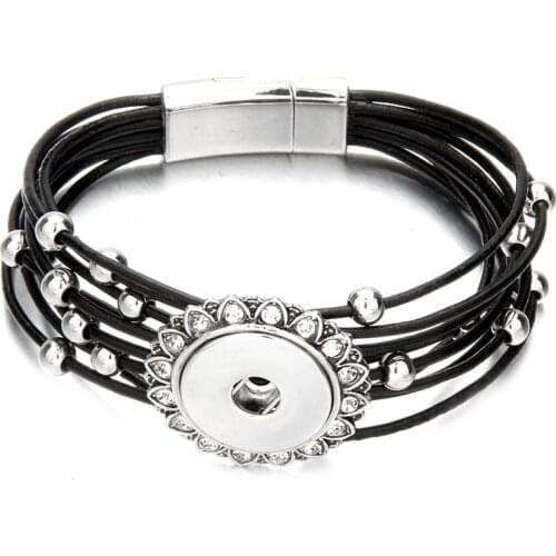 Magnet Buckle Tan Rhinestone Snap Bracelet Real Genuine Leather Bracelet Fit 18mm Snap Button Bracelet For Women Jewelry