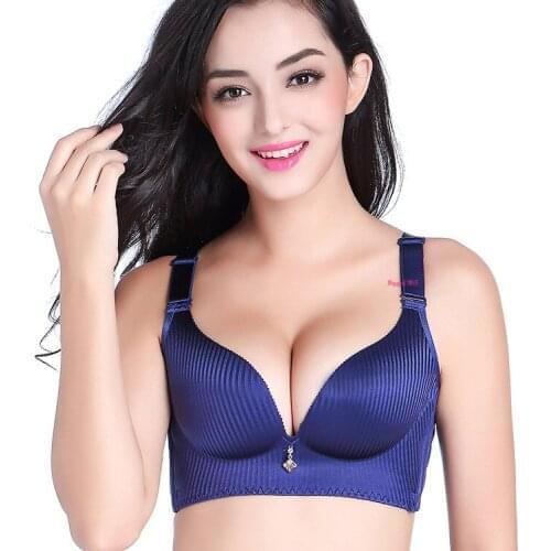 Womens Large size bra CD cup without steel ring stripes gather thick MM thin breathable retractable pair milk underwear