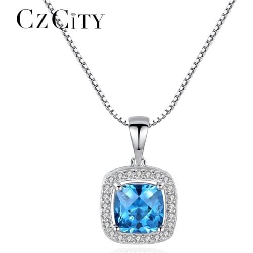 CZCITY New 925 Sterling Silver Created Square Sapphire Pendant Necklace for Women Charming Female Wedding Necklace Fine Jewelry