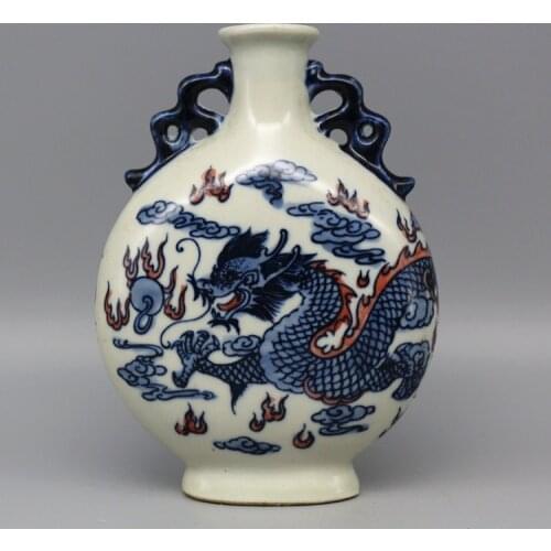 Jingdezhen Collection of blue and white vase with red dragon pattern and double ears Qianlong year mark of Qing Dynasty